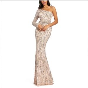 Worn Once MAC DUGGAL Asymmetrical One Shoulder Long Sleeve Fully Sequin Gown